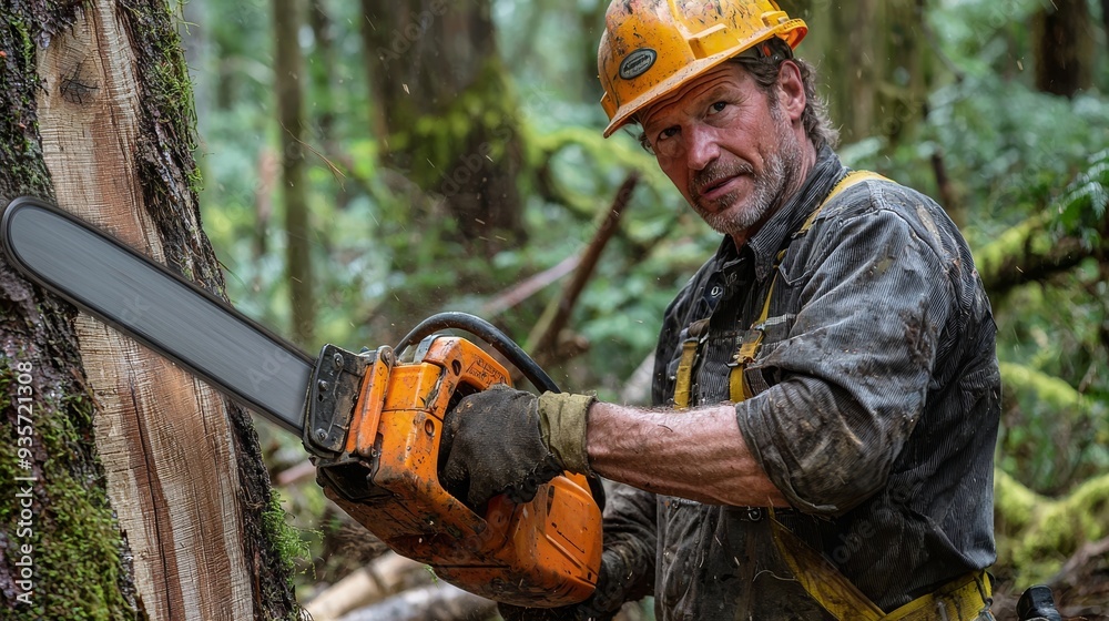 Fototapeta premium Experienced Forestry Worker Operating Chainsaw for Sustainable Logging in Dense Forest