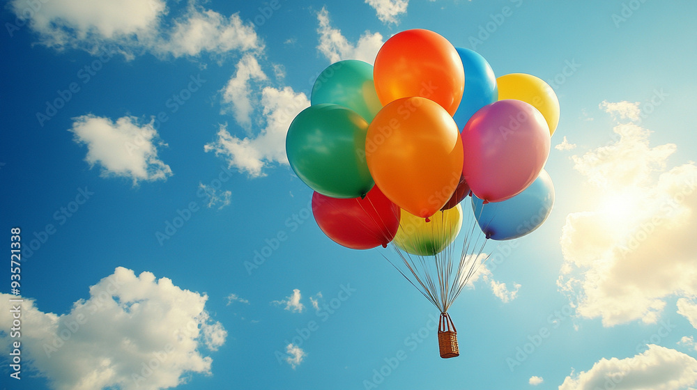 colorful balloons floats against a clear blue sky, illuminated by the sun's rays shining through them. The scene captures a sense of joy, freedom, and the lightness of being colorful balloons floats against a clear blue sky, illuminated by the sun's rays shining through them. The scene captures a sense of joy, freedom, and the lightness of being