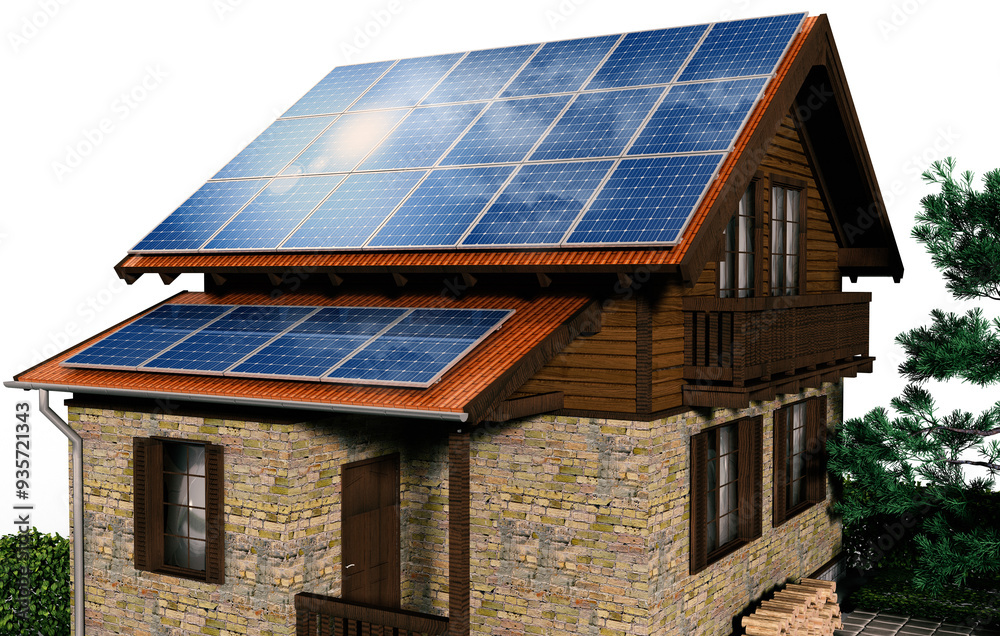 Fototapeta premium 3D-Illustration, Einfamilienhaus mit Solar, Photovoltaik auf dem Dach als Selbstversorgung mit Ökostrom, isoliert auf transparentem Hintergrund