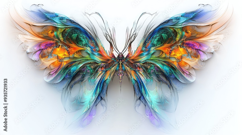 Stunning abstract fractal wings of insects in vibrant colors, symmetrically arranged on a white background, with intricate details Stunning abstract fractal wings of insects in vibrant colors, symmetrically arranged on a white background, with intricate details