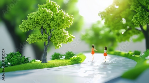 Two miniature figures walking on a winding path through a lush green park.  Sunlight shines through the trees. Photo: Miniature figures walking in a park. photo