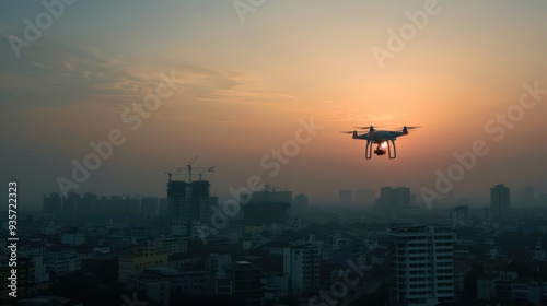 Silhouette of drone flying above the city at sunset time