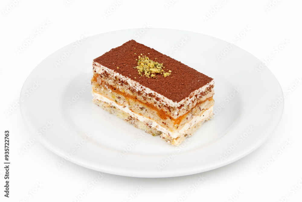 Tiramisu Dessert Slice on White Plate Tiramisu Dessert Slice on White Plate