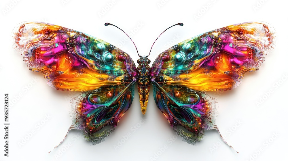 Symmetrical fractal wings of vibrant insects, showcasing bright colors and intricate patterns on a white background Symmetrical fractal wings of vibrant insects, showcasing bright colors and intricate patterns on a white background