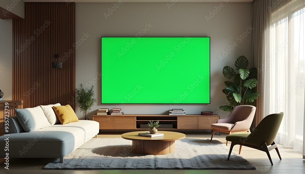 Fototapeta premium Smart Tv Mockup with blank green screen hanging in modern white empty room interior minimal designs, Mock up interior TV with empty green screen