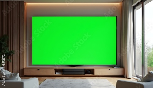 Smart Tv Mockup with blank green screen hanging in modern white empty room interior minimal designs, Mock up interior TV with empty green screen