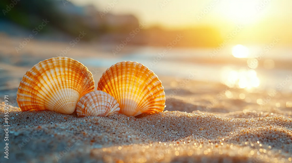Two seashells rest on a sunlit sandy beach, casting soft shadows. The shells' textured surfaces contrast against the smooth, warm sand, creating a serene and tranquil seaside scene Two seashells rest on a sunlit sandy beach, casting soft shadows. The shells' textured surfaces contrast against the smooth, warm sand, creating a serene and tranquil seaside scene