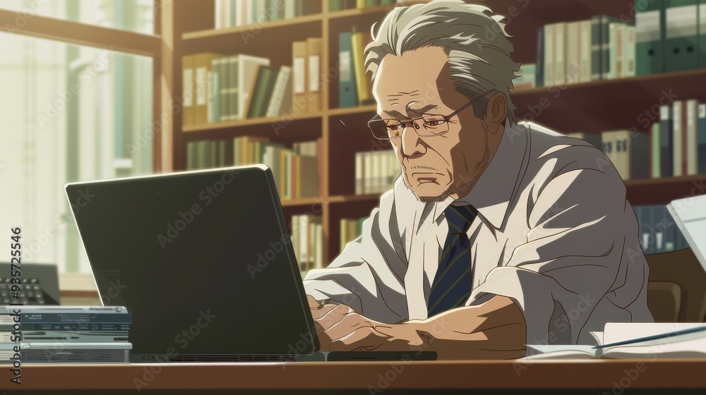 An elderly businessman works intently on his laptop in a bright library, surrounded by bookshelves and natural light An elderly businessman works intently on his laptop in a bright library, surrounded by bookshelves and natural light
