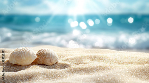 Fototapeta Naklejka Na Ścianę i Meble -  Two seashells rest on a sunlit sandy beach, casting soft shadows. The shells' textured surfaces contrast against the smooth, warm sand, creating a serene and tranquil seaside scene