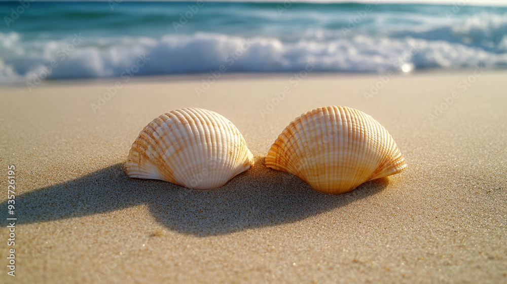 Two seashells rest on a sunlit sandy beach, casting soft shadows. The shells' textured surfaces contrast against the smooth, warm sand, creating a serene and tranquil seaside scene Two seashells rest on a sunlit sandy beach, casting soft shadows. The shells' textured surfaces contrast against the smooth, warm sand, creating a serene and tranquil seaside scene