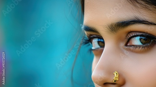 Close-up portrait of a young woman with brown eyes and a nose ring, looking to the side against a blue background.