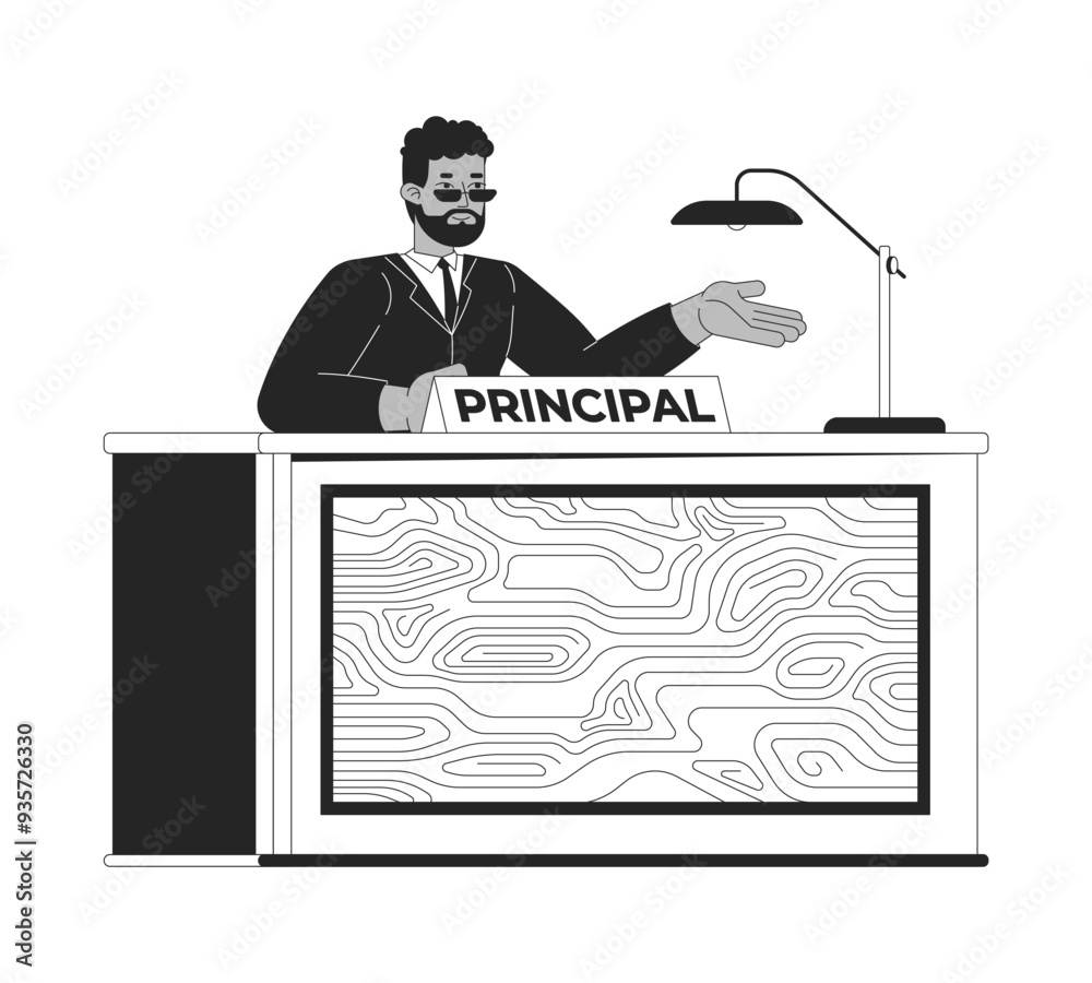 African american man principal at desk black and white 2D line cartoon character. Male director of discipline isolated vector outline person. School personnel job monochromatic flat spot illustration African american man principal at desk black and white 2D line cartoon character. Male director of discipline isolated vector outline person. School personnel job monochromatic flat spot illustration
