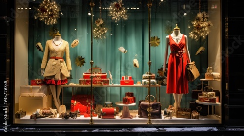 Boutique storefronts with window displays decorated with eye-catching clothing and fashion accessories.