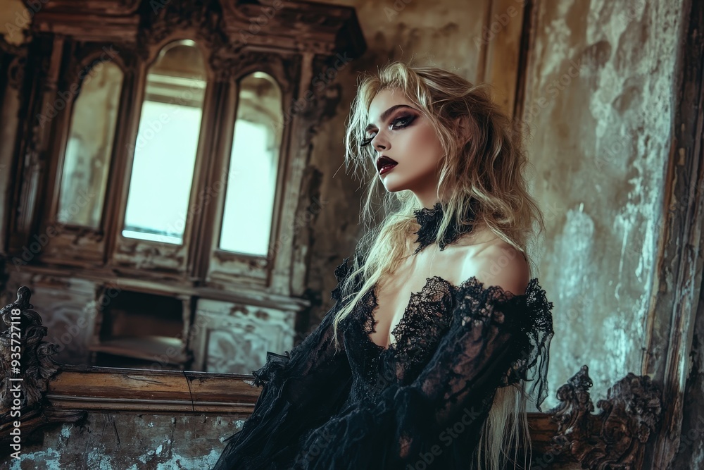 Fototapeta premium Gothic Halloween Fashion Editorial with Dark Lace and Dramatic Makeup