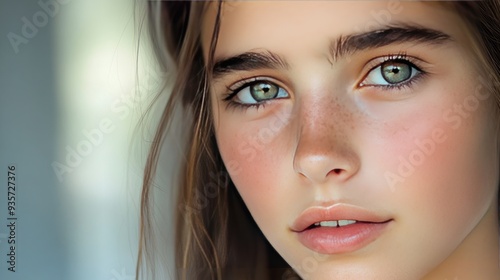 Close up portrait of a young woman with green eyes and light skin.