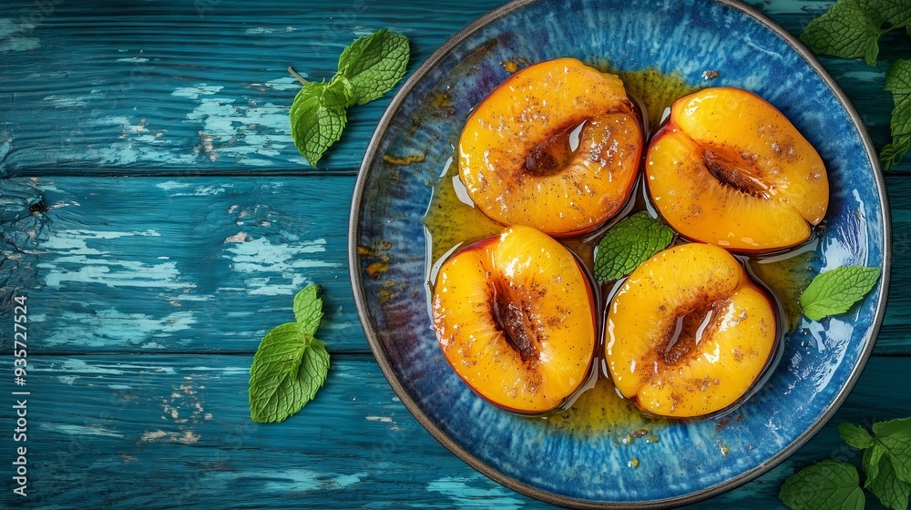 Baked peaches with honey and cinnamon on blue wood evoke summer's warmth and comfort. Baked peaches with honey and cinnamon on blue wood evoke summer's warmth and comfort.