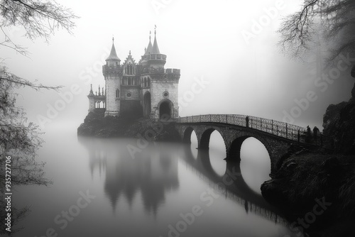 An eerie castle stands on a mist-covered lake, connected to the shore by an arched stone bridge, evoking a sense of mystery and ancient legends. photo