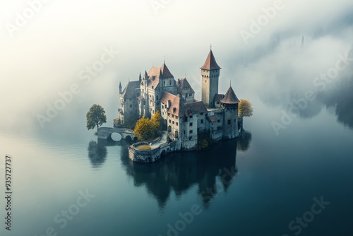 A picturesque castle situated on a foggy lake surrounded by autumn foliage, capturing a timeless scene of beauty, history, and tranquil seclusion. photo