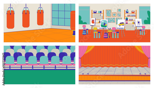 Empty school rooms cartoon flat illustrations set. Art studio, martial arts gym 2D interiors colorful backgrounds. Stadium bleachers, theatre stage scenes vector storytelling images collection