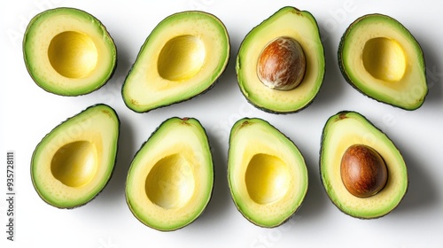 Neatly halved avocados displayed in rows on a white surface, with some avocados retaining their pits. The vibrant green and yellow colors highlight their freshness.