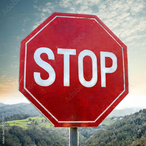 a red stop sign with an octagon shape, set against a pure white background. The image should emphasize the sign's textural details, such as the reflective surface and slight wear, symbolizing the impo photo