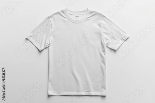 A plain white T-shirt displayed alone against a neutral background, showcasing its simplicity and clean design, suitable for use in various fashion and advertising contexts.