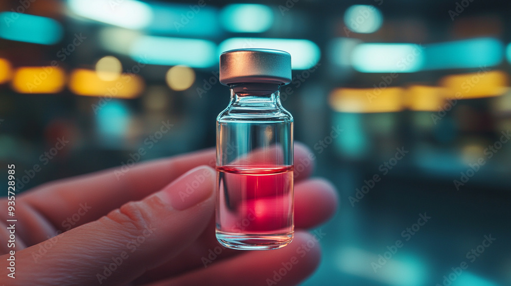 hand holding a vaccine vial filled with clear fluid, symbolizing medical advancements and public health efforts. The blurred background emphasizes the vial's importance hand holding a vaccine vial filled with clear fluid, symbolizing medical advancements and public health efforts. The blurred background emphasizes the vial's importance