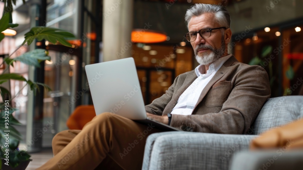 Elegant middle-aged businessman working with laptop in office lobby Elegant middle-aged businessman working with laptop in office lobby