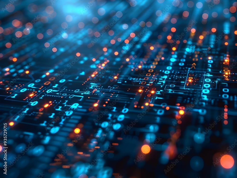 Abstract visualization of digital data flow with blue and orange lights in a network during nighttime Abstract visualization of digital data flow with blue and orange lights in a network during nighttime