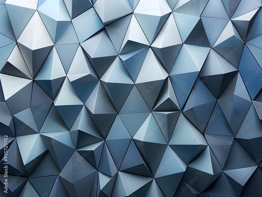 A close-up view of a 3D geometric pattern of blue triangular shapes creating a striking textured wall design A close-up view of a 3D geometric pattern of blue triangular shapes creating a striking textured wall design