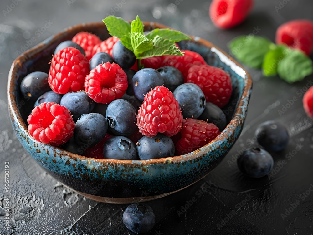 A vibrant bowl filled with fresh raspberries and blueberries garnished with mint leaves on a dark textured background A vibrant bowl filled with fresh raspberries and blueberries garnished with mint leaves on a dark textured background