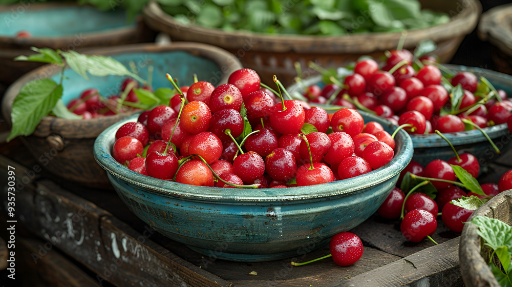 A bowl of fresh cherries placed elegantly on a wooden table, showcasing their vibrant red color and glossy texture.
A bowl of fresh cherries placed elegantly on a wooden table, showcasing their vibrant red color and glossy texture.