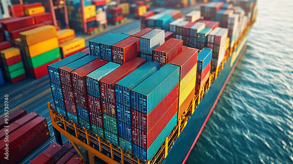 Fototapeta premium Vibrant cargo containers stacked on a shipping vessel. Aerial view highlights shipping efficiency and logistics operations.