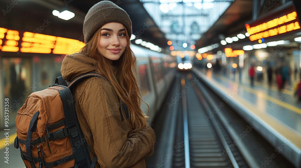 woman wearing a stylish hat and backpack stands confidently on a train platform. She gazes thoughtfully into the distance, capturing a sense of adventure, travel, and freedom in an urban setting