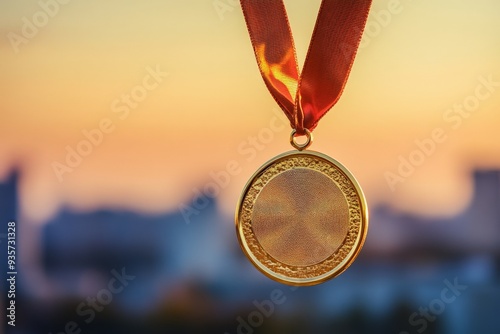 A golden medal attached to a red ribbon is shown against a vibrant sunset background, symbolizing achievement, victory, and excellence in sports or competition scenarios.