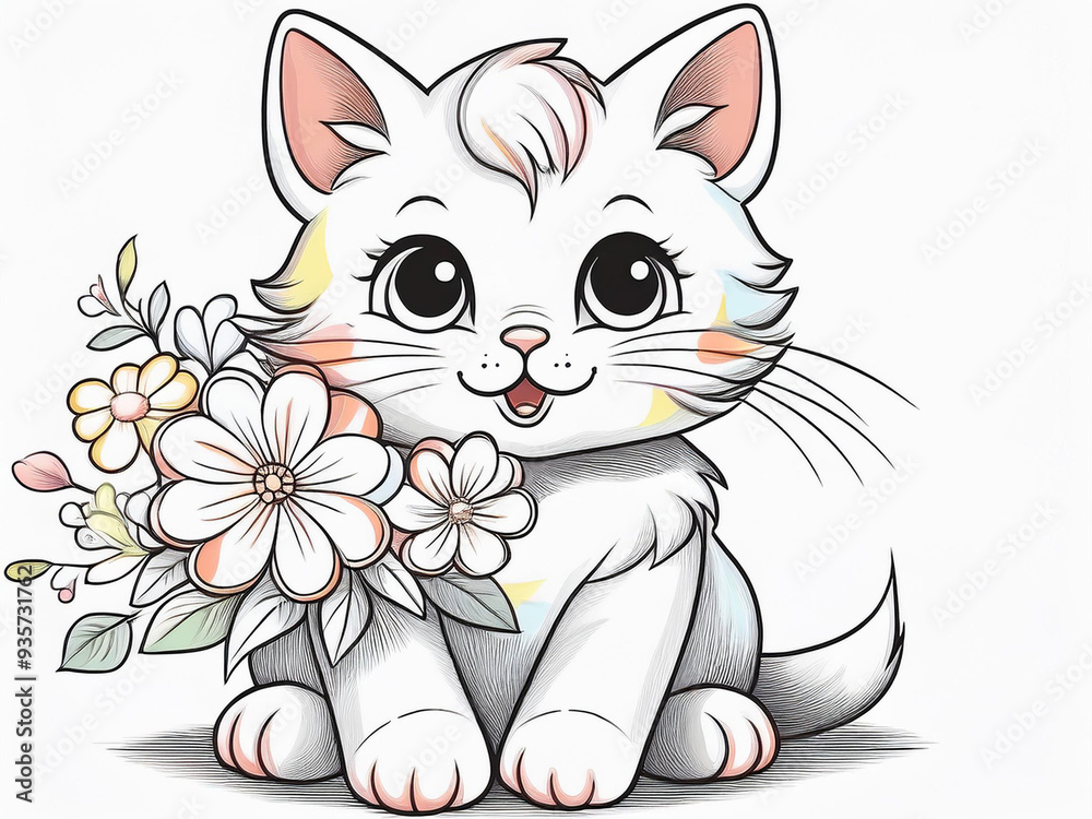 Fototapeta premium Cute cat holding flowers, line art, white background