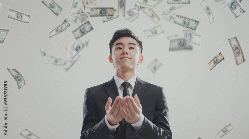 A businessman in a suit looks up at money raining down around him. A businessman in a suit looks up at money raining down around him.