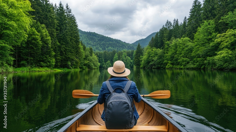 A person wearing a jacket and red hat rows a wooden canoe on a calm lake, surrounded by dense forests and stunning natural scenery. This captures the essence of adventure and relaxation A person wearing a jacket and red hat rows a wooden canoe on a calm lake, surrounded by dense forests and stunning natural scenery. This captures the essence of adventure and relaxation