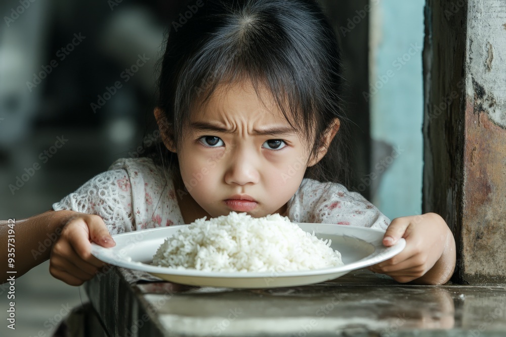 A little girl, feeling frustrated, holds a plate of rice with her hands and looks determinedly at the camera, exhibiting emotion and presence in a rustic, indoor environment. A little girl, feeling frustrated, holds a plate of rice with her hands and looks determinedly at the camera, exhibiting emotion and presence in a rustic, indoor environment.