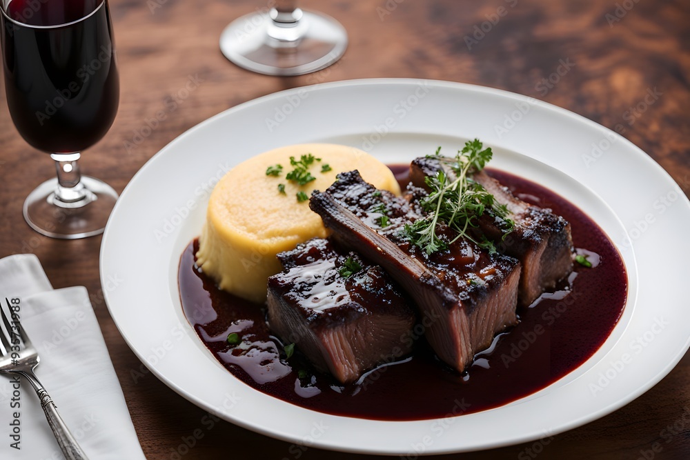 Beef short ribs slow cooked until tender served with creamy polenta and a red wine reduction, AI Generated