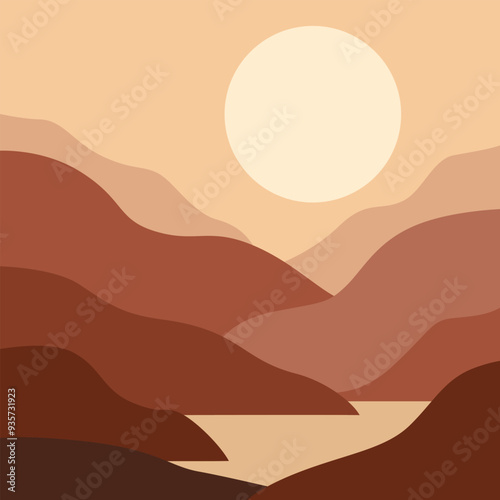 A minimalist, abstract landscape illustration in a contemporary art style, hand-drawn with nature scenery in terracotta tones