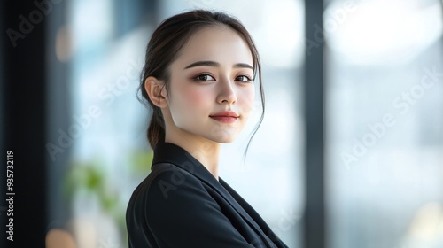 A young woman in a black blazer stands against a window with a blurred background, looking at the camera with a gentle smile. Free Download A young woman in a black blazer stands against a window with a blurred background, looking at the camera with a gentle smile. - GFXLoad