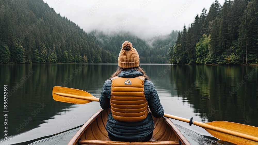 A person wearing a jacket and red hat rows a wooden canoe on a calm lake, surrounded by dense forests and stunning natural scenery. This captures the essence of adventure and relaxation A person wearing a jacket and red hat rows a wooden canoe on a calm lake, surrounded by dense forests and stunning natural scenery. This captures the essence of adventure and relaxation
