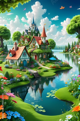 A breathtaking lush green fairy land with cute mini houses, colorful flowers, calm lake, water reflection, wallpaper