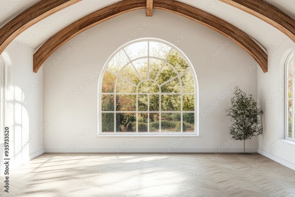 In an empty living room with a beige arch window In an empty living room with a beige arch window