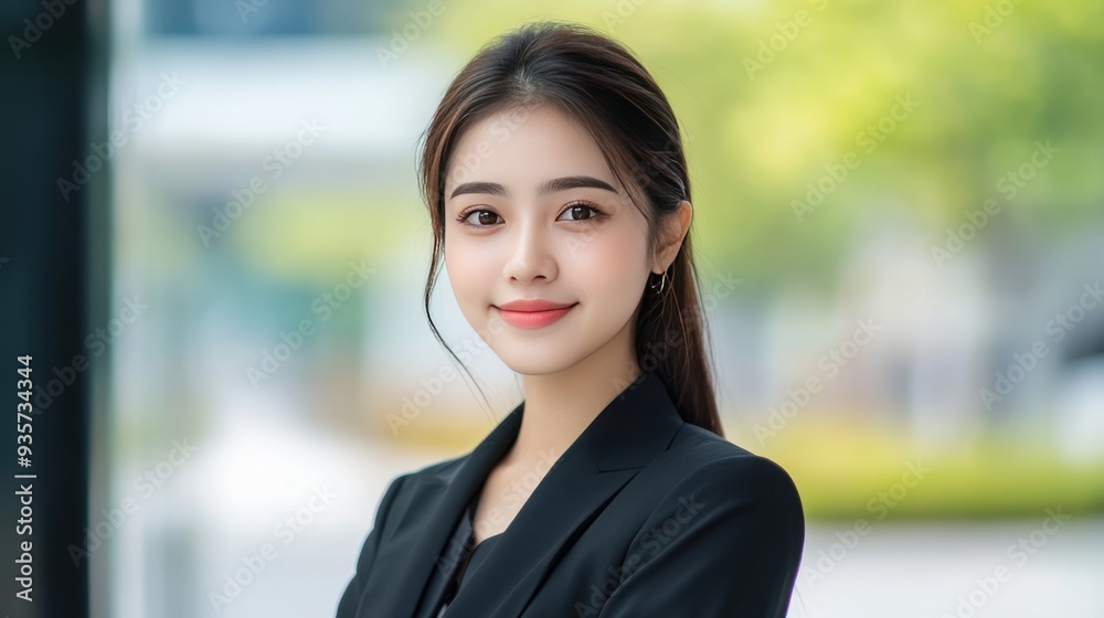 Portrait of a young woman in a black blazer smiling with a blurred green background. Portrait of a young woman in a black blazer smiling with a blurred green background.