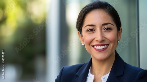 Portrait of a smiling businesswoman with dark hair and wearing a blue blazer, standing in front of a glass building.