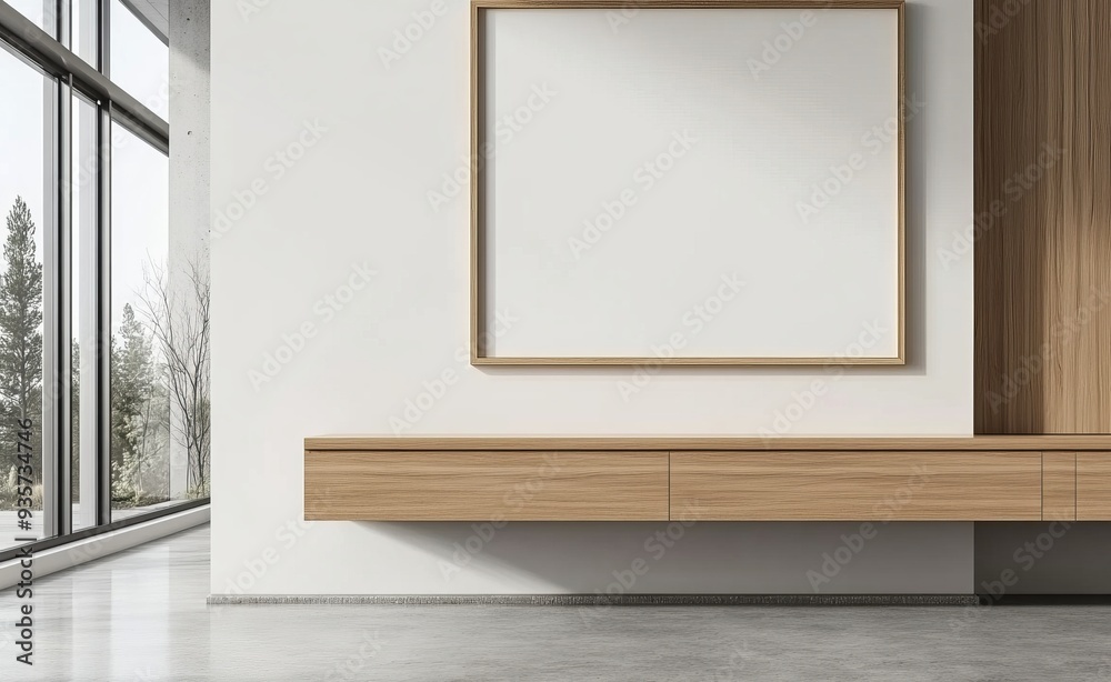 A mockup frame of a white home kitchen interior with shelves and eating area. A mockup frame of a white home kitchen interior with shelves and eating area.