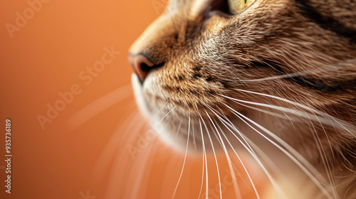 A single whisker extending from a cat's face, against a solid-colored backdrop photo