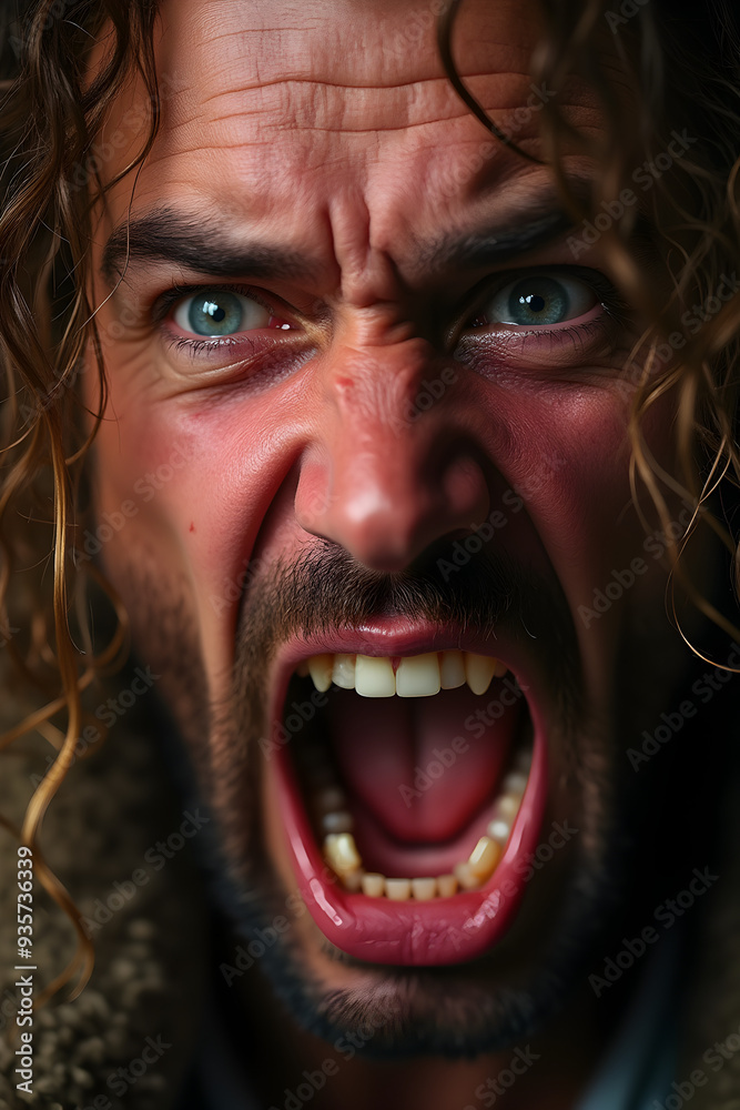 Man with wild hair and intense angry expression, showing fury and rage in a close-up portrait Man with wild hair and intense angry expression, showing fury and rage in a close-up portrait